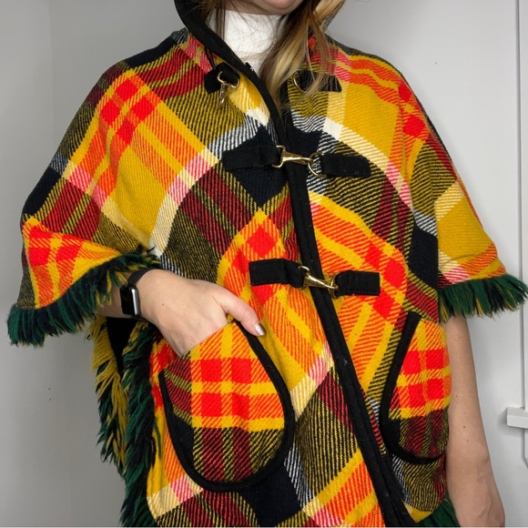 Vintage Jackets & Blazers - Vintage Reversible Cape Plaid and Black Hooded Cape with Fringe